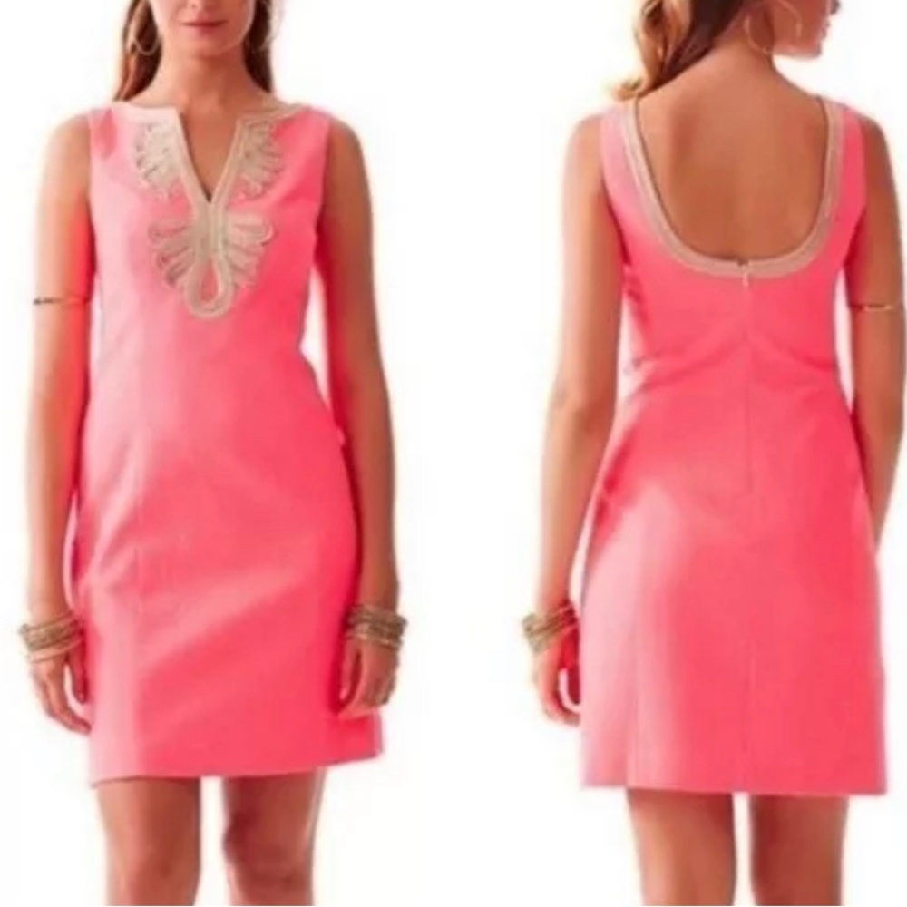 Lilly‎ Pulitzer Junie Coral Reef Neon Pink Embroidered Shift Dress Size 0 Gold